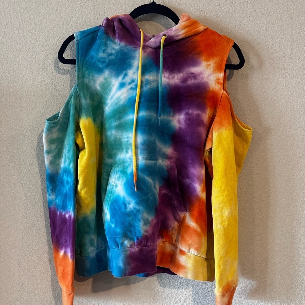 Hot Topic Tie-Dye Cold Shoulder Pullover Hoodie Sweatshirt Small Multi-Color‎